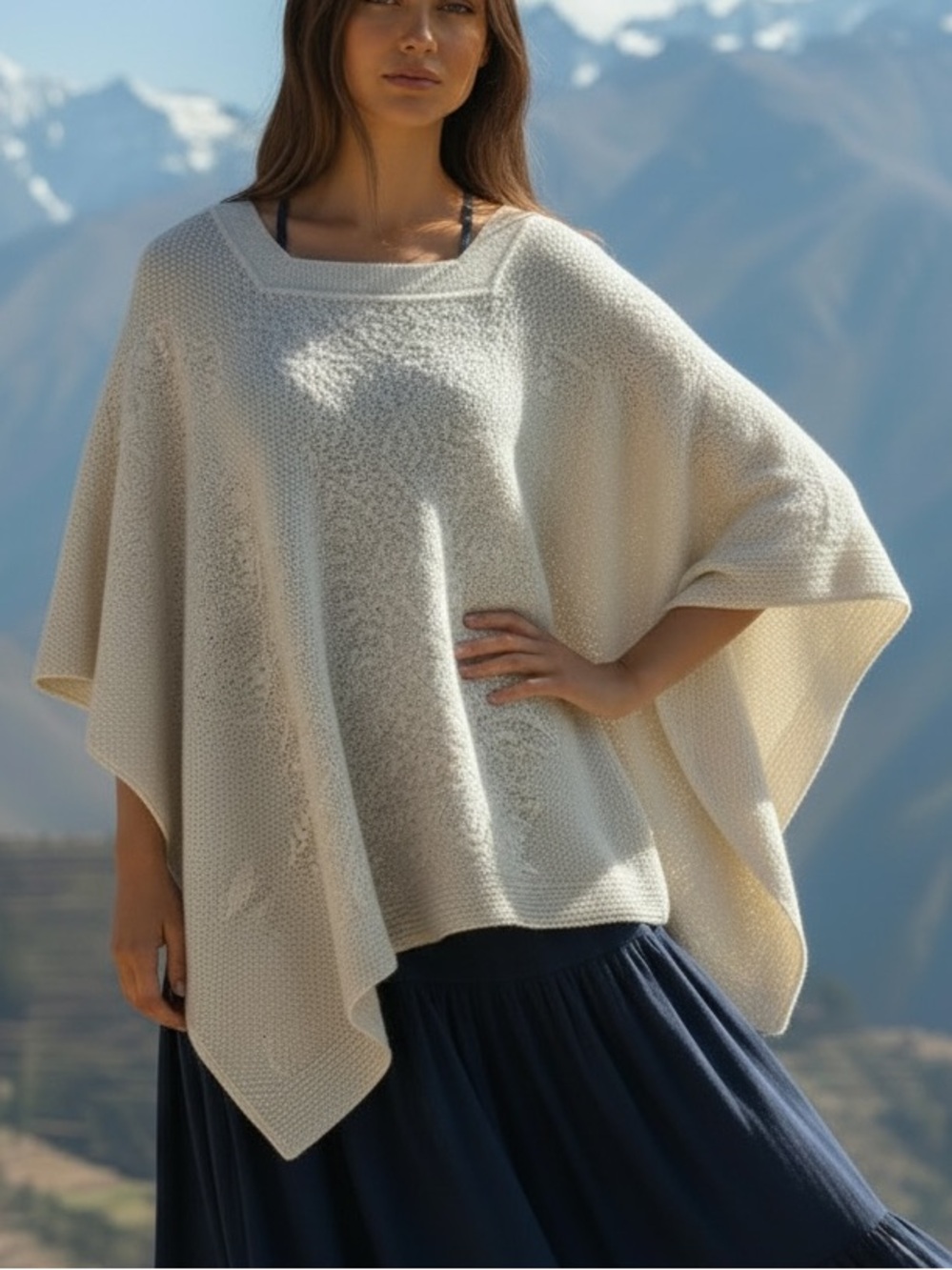Peruvian Connection Poncho Shawl Sweater 100% Pima Cotton Lacey Crochet Romantic